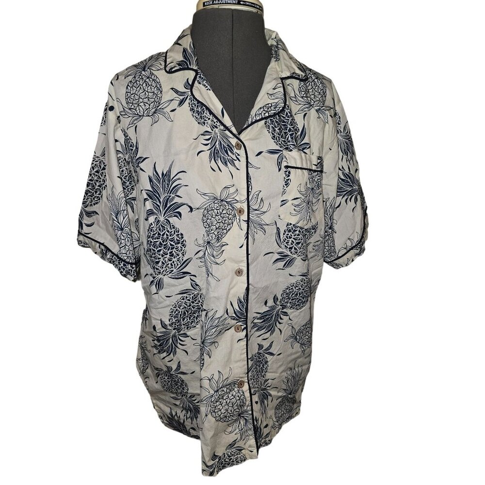 Cora Spearman Women's Hawaiian Shirt Pineapple Print Cotton Short Sleeve Size L‎